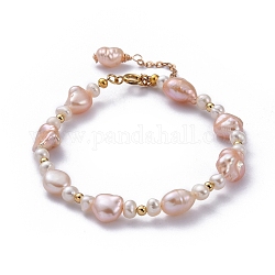Braccialetti con perle di perle keshi naturali barocche, con perline tonde in ottone e 304 fermaglio per anello a molla in acciaio inossidabile, perla rosa, 7-1/2 pollice (19 cm)