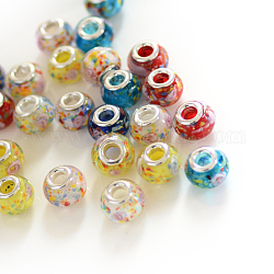 Perles européennes rondes vernissées à gros trou, avec noyaux en laiton plaqué couleur argent, couleur mixte, 13~14x10~11mm, Trou: 5mm