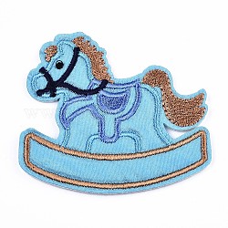 Computerized Embroidery Cloth Iron On/Sew On Patches, Costume Accessories, Appliques, Rocking Horses, Light Sky Blue, 67x71.5x2mm