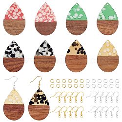 Kits de fabrication de boucles d'oreilles olycraft, y compris les pendentifs en résine et en bois de noyer, Crochets d'oreille en laiton, anneaux de jonction en laiton, larme, couleur mixte, 47.5~48x31.5x3mm, Trou: 2mm