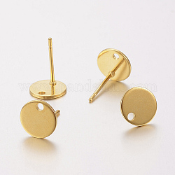 304 Stainless Steel Stud Earring Findings, with Loop and Flat Plate, Flat Round, Real 24K Gold Plated, 8x0.8mm, Hole: 1.2mm, Pin: 0.8mm
