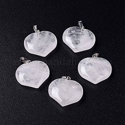 Natural Quartz Crystal Pendants, Rock Crystal Pendants, Love Heart Charms, with Platinum Tone Brass Snap on Bails, 24~25.5x25x9.5~10mm, Hole: 8x2.8mm
