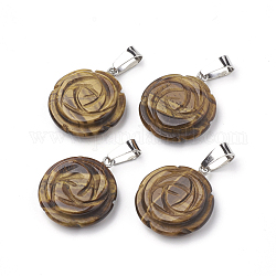 Natural Tiger Eye Pendants, with Stainless Steel Snap On Bails, Flower, 23x20x6~7mm, Hole: 7x4mm