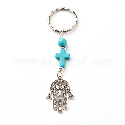 Porte-clés en perles synthétiques turquoises, avec des pendentifs en alliage de style tibétain, perles d'espacement et épingle à œil de fer, croix & hamsa main/main de fatima/main de miriam avec oeil, 10 cm