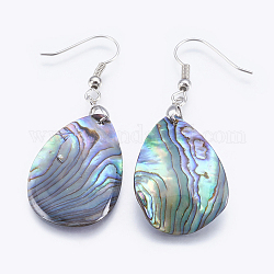 Orecchini pendenti conchiglia abalone / paua shell, con accessori di ottone, goccia, platino, 52~52.5mm, ago :0.7mm