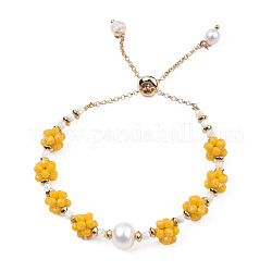 Bracelet coulissant tressé en perles naturelles et verre, bracelet ajustable au crochet perlé pour femme, or, diamètre intérieur: 1-3/4 pouce (4.5 cm)