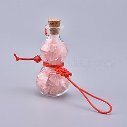 Transparent Glass Wishing Bottle Pendant Decoration, with Natural Rose Quartz Chips inside, Cork Stopper, Chinese Knot Nylon Cord and Glass Beads, Gourd, 105~115mm