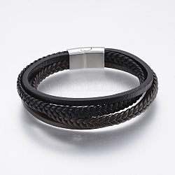 Cordón de cuero pulseras de varias vueltas, con 304 cierres magnéticos de acero inoxidable, negro, 8-5/8 pulgada (22 cm)