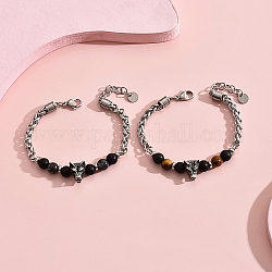 2 Stück 2-teiliges Perlenarmband-Set aus natürlichem Obsidian, Stapelbare Wolf-Armbänder aus Edelstahl, Edelstahl Farbe, 8-5/8 Zoll (22 cm), 1pc / style