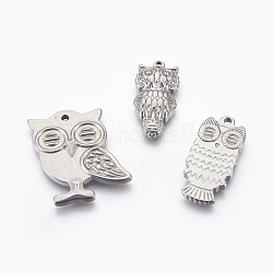 304 Stainless Steel Pendants, Owl, Stainless Steel Color, 25~29x12~27x3~4mm, Hole: 1.2~1.8mm