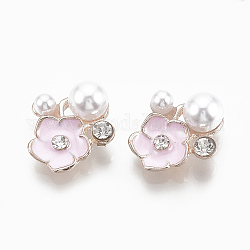 Cabochons de aleación, Con rhinestone y abs imitación de perlas de plástico., esmalte, flor, la luz de oro, rosa perla, 17x16x8mm