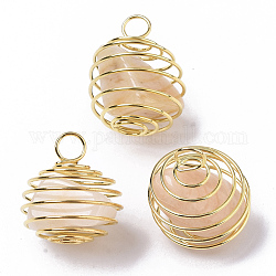 Colgantes de jaula de cuentas en espiral envolventes de hierro, con perlas de aventurina amarilla natural en el interior, redondo, dorado, 21x24~26mm, agujero: 5 mm