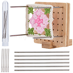 Квадратная бамбуковая доска для вязания крючком, с позиционирующими штифтами и иглами из нержавеющей стали, деревесиные, 9.9x9.9x1.5 см