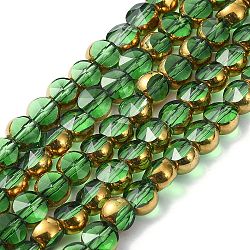 Brins de perles de verre transparentes à moitié plaquées par galvanoplastie, antique bronze plaqué, plat rond, facette, verte, 6x5mm, Trou: 1.2mm, Environ 50 pcs/chapelet, 11.22'' (28.5 cm)