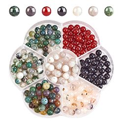 280pcs 7 perles de pierres précieuses naturelles de style, agate rouge naturelle & agate folle & agate dendritique & agate arborescente & onyx noir & agate indienne & agate mousse, ronde, 6~6.5mm, Trou: 0.8~1.2mm, 40 pièces / style