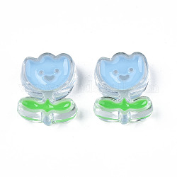Perles en acrylique transparente, avec l'émail, fleur avec le visage souriant, lumière bleu ciel, 25x20x9mm, Trou: 3mm