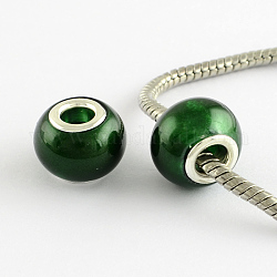 Spray bemalte Glasperlen europäischen, mit messing versilberten Kernen, Großloch perlen, Rondell, grün, 15x12 mm, Bohrung: 5 mm