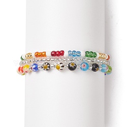 Glas Saatperlen Perlen Armbänder Sets, Millefiori-Glasperlen-Stretcharmbänder für Damen, Farbig, Innendurchmesser: 2-1/8~2-1/4 Zoll (5.3~5.6 cm), 3 Stück / Set