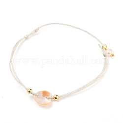 Bracelet ajustable en cordon tressé en polyester, lien bracelet, avec perles rondes naturelles, perles en laiton et maillons coquillage, cœur, blanc antique, diamètre intérieur: 2-1/8~3 pouce (5.4~7.5 cm)