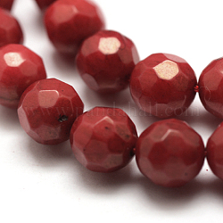 Natural Coral Round Beads Strands, Dyed & Faceted, FireBrick, 7mm, Hole: 1mm, about 51pcs/strand, 15.5inch 
