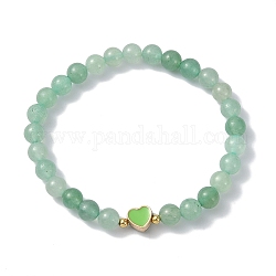 Braccialetti elasticizzati con perline rotonde naturali di avventurina verde, braccialetto a cuore in lega smaltata da donna, diametro interno: 2-1/8 pollice (5.4 cm)