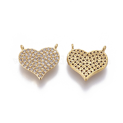 Brass Micro Pave Cubic Zirconia Charms, Heart, Clear, Golden, 14.5x15x2mm, Hole: 1mm