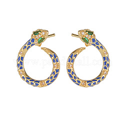 Cubic Zirconia Snake Stud Earrings with Enamel, Golden Plated Brass Jewelry for Women, Blue, 20.5x17mm