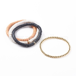 Ensembles de bracelets en perles extensibles, avec des perles heishi en pâte polymère faites à la main et des perles rondes en laiton, or, couleur mixte, diamètre intérieur: 2-1/8 pouce (5.3 cm), 2-1/8 pouce (5.4 cm), 4 pièces / kit