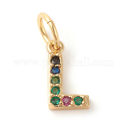 Brass Micro Pave Colorful Cubic Zirconia Charms, Golden, Letter.L, 8.5x5x2mm, Hole: 3mm