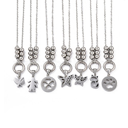 Colliers avec pendentifs en 304 acier inoxydable, avec des chaînes de câbles et des perles rondes, formes mixtes, couleur inoxydable, 18.5 pouce (47 cm)