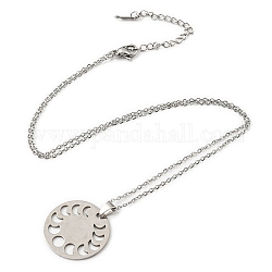 201 Stainless Steel Moon Phase Pendant Necklace with Cable Chains, Stainless Steel Color, 17.76 inch(45.1cm)