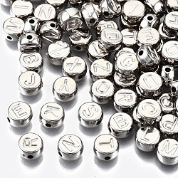 CCB perles en plastique, trou horizontal, plat rond avec la lettre, platine, 7x4mm, Trou: 1.8mm, environ 3300 pcs/500 g