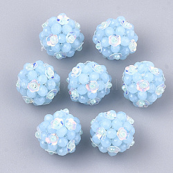 Abalorios de vidrio tejida, bolas de bolas de racimo, con lentejuelas, imitación de jade, redondo con flor, el cielo azul, 15~17mm
