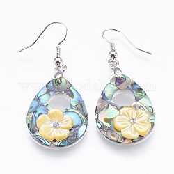 Abalone Shell/Paua Shell Dangle Earrings, with Brass Findings & Yellow Shell, Teardrop with Flower, 50~50.5mm, Pin: 0.7mm