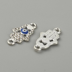 Emaille-Verbindungsstücke aus Zinklegierung, mit Strass-Kristall, hamsa hand/hand von miriam mit bösem blick, Silber, 22x12x2 mm, Bohrung: 1.6 mm
