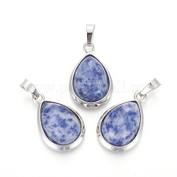 Pendentifs en jaspe tache bleue naturelle, avec les accessoires en laiton, larme, platine, 26x16~17x8~10mm, Trou: 8x5mm