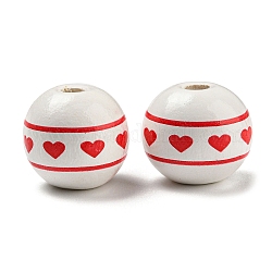 Perline di legno stampati, perline rotonde di San Valentino, fumo bianco, cuore, 16mm, Foro: 3~4.4 mm