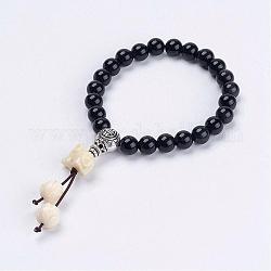 Natural Obsidian Mala Bead Bracelets, with Synthetic Coral Lotus & Elephant Beads, Tibetan Style Alloy Guru Bead, Burlap Packing Pouches Drawstring Bags, Inner Diameter: 2-1/8 inch(5.3cm)