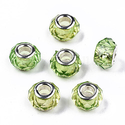 Прозрачный полимер европейские шарики, имитационные кристаллические, бусины с большим отверстием, с двойных ядер серебрянного цвета, граненые, рондель, желто-зеленый, 14x9.5 мм, отверстие : 5 мм