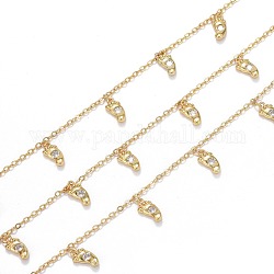 3.28 Feet Handmade Brass Cable Chains, with Cubic Zirconia Charms, Long-lasting Plated, Soldered, Foot, Clear,Golden, Link: 2.5x2x0.4mm, Foot: 12x5x3mm