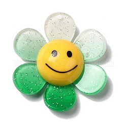 Acrylic Big Pendants with Glitter Powder, Two Tone Flower with Smile, Sea Green, 52x48x14.5mm, Hole: 2mm