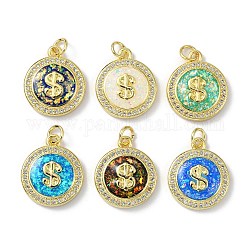 Brass Micro Pave Cubic Zirconia Pendants, with Synthetic Opal and Jump Ring, Real 18K Gold Plated, Flat Round with Dollar Shape, Mixed Color, 18x15.5x4mm, Hole: 3.5mm