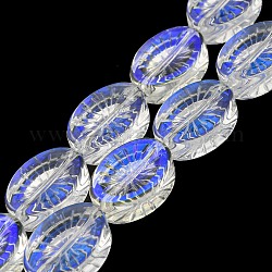 Brins de perles de verre transparentes plaquées de couleur ab, ovale avec des fleurs, bleu, 14x10.4x4.8mm, Trou: 1.2mm, Environ 45 pcs/chapelet, 25.04 pouce (63.6 cm)