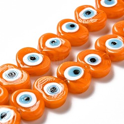 Handmade Evil Eye Lampwork Beads Strands, Heart, Orange, 11.5x14x4.5mm, Hole: 1.2mm, about 28pcs/strand, 12.40''(31.5cm)
