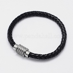 Bracelets en cuir tressé, avec fermoirs magnétiques en 304 acier inoxydable, noir, 200x6mm