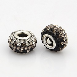 Perline europeo rhinestone di resina, grado a, perline rondelle  con foro grande, con colore argento placcato ottone doppie core, colorato, 15x10mm, Foro: 5 mm