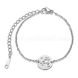 201 Stainless Steel Link Bracelets, with Cable Chains and Lobster Claw Clasps, Flat Round with LOVE, Stainless Steel Color, 6 inch~6-3/4 inch(15~17.5cm), 1.5mm