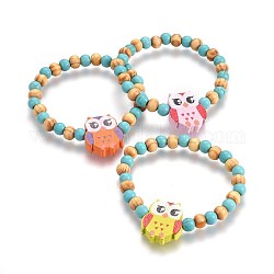 Perles en bois enfants bracelets extensibles, avec turquoise synthétique, chouette, couleur mixte, 1-5/8 pouce (4.2 cm)