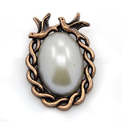 Nickel Free Red Copper Tone Alloy Pendants, with Acrylic Pearl Cabochons, Oval, Beige, 37x26x8mm, Hole: 2mm