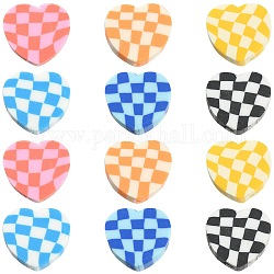 180Pcs 6 Colors Handmade Polymer Clay Beads, Heart with Tartan, Mixed Color, 9x10x4mm, Hole: 1.5mm, 30pcs/color